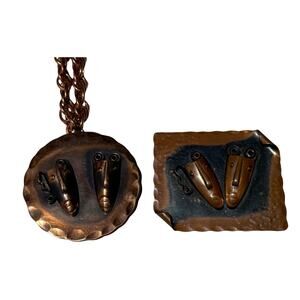 Vintage REBAJES Necklace Brooch Copper Brazilian Mask - set of 2